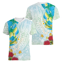 Japanese and Hawaiian Culture Fusion Women V-Neck T-Shirt Irezumi with Turtles and Lei Kakau Pattern Fresh Vibe