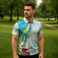 Japanese and Hawaiian Culture Fusion Zipper Polo Shirt Irezumi with Turtles and Lei Kakau Pattern Fresh Vibe
