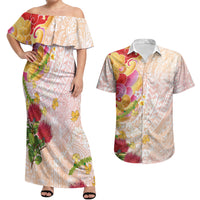 Japanese and Hawaiian Culture Fusion Couples Matching Off Shoulder Maxi Dress and Hawaiian Shirt Irezumi with Turtles and Lei Kakau Pattern Sunset Vibe