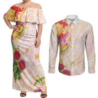 Japanese and Hawaiian Culture Fusion Couples Matching Off Shoulder Maxi Dress and Long Sleeve Button Shirt Irezumi with Turtles and Lei Kakau Pattern Sunset Vibe
