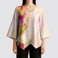 Japanese and Hawaiian Culture Fusion Kimono Sleeve Blouse Irezumi with Turtles and Lei Kakau Pattern Sunset Vibe