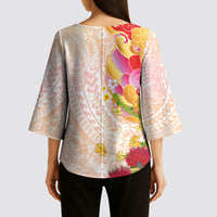 Japanese and Hawaiian Culture Fusion Kimono Sleeve Blouse Irezumi with Turtles and Lei Kakau Pattern Sunset Vibe