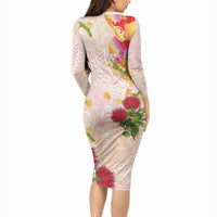 Japanese and Hawaiian Culture Fusion Long Sleeve Bodycon Dress Irezumi with Turtles and Lei Kakau Pattern Sunset Vibe