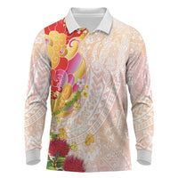 Japanese and Hawaiian Culture Fusion Long Sleeve Polo Shirt Irezumi with Turtles and Lei Kakau Pattern Sunset Vibe