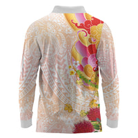 Japanese and Hawaiian Culture Fusion Long Sleeve Polo Shirt Irezumi with Turtles and Lei Kakau Pattern Sunset Vibe