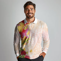 Japanese and Hawaiian Culture Fusion Long Sleeve Polo Shirt Irezumi with Turtles and Lei Kakau Pattern Sunset Vibe