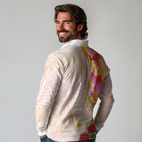 Japanese and Hawaiian Culture Fusion Long Sleeve Polo Shirt Irezumi with Turtles and Lei Kakau Pattern Sunset Vibe