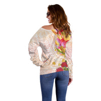 Japanese and Hawaiian Culture Fusion Off Shoulder Sweater Irezumi with Turtles and Lei Kakau Pattern Sunset Vibe