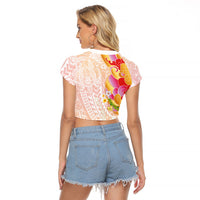 Japanese and Hawaiian Culture Fusion Raglan Cropped T Shirt Irezumi with Turtles and Lei Kakau Pattern Sunset Vibe