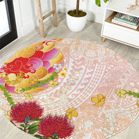 Japanese and Hawaiian Culture Fusion Round Carpet Irezumi with Turtles and Lei Kakau Pattern Sunset Vibe