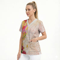 Japanese and Hawaiian Culture Fusion Scrub Top Irezumi with Turtles and Lei Kakau Pattern Sunset Vibe