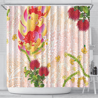Japanese and Hawaiian Culture Fusion Shower Curtain Irezumi with Turtles and Lei Kakau Pattern Sunset Vibe
