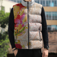Japanese and Hawaiian Culture Fusion Sleeveless Puffer Jacket Irezumi with Turtles and Lei Kakau Pattern Sunset Vibe