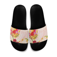 Japanese and Hawaiian Culture Fusion Slide Sandals Irezumi with Turtles and Lei Kakau Pattern Sunset Vibe