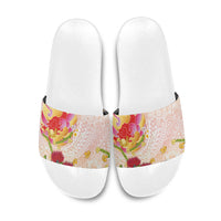 Japanese and Hawaiian Culture Fusion Slide Sandals Irezumi with Turtles and Lei Kakau Pattern Sunset Vibe