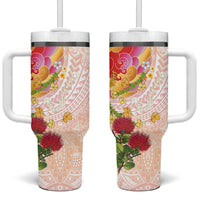 Japanese and Hawaiian Culture Fusion Tumbler With Handle Irezumi with Turtles and Lei Kakau Pattern Sunset Vibe