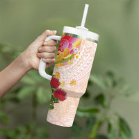 Japanese and Hawaiian Culture Fusion Tumbler With Handle Irezumi with Turtles and Lei Kakau Pattern Sunset Vibe