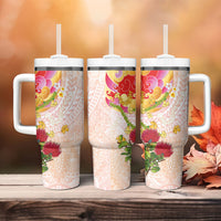 Japanese and Hawaiian Culture Fusion Tumbler With Handle Irezumi with Turtles and Lei Kakau Pattern Sunset Vibe