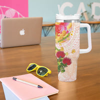 Japanese and Hawaiian Culture Fusion Tumbler With Handle Irezumi with Turtles and Lei Kakau Pattern Sunset Vibe