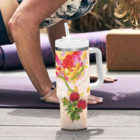 Japanese and Hawaiian Culture Fusion Tumbler With Handle Irezumi with Turtles and Lei Kakau Pattern Sunset Vibe