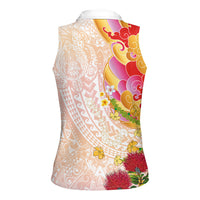 Japanese and Hawaiian Culture Fusion Women Sleeveless Polo Shirt Irezumi with Turtles and Lei Kakau Pattern Sunset Vibe