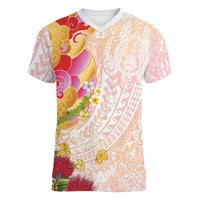 Japanese and Hawaiian Culture Fusion Women V-Neck T-Shirt Irezumi with Turtles and Lei Kakau Pattern Sunset Vibe
