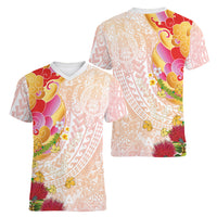 Japanese and Hawaiian Culture Fusion Women V-Neck T-Shirt Irezumi with Turtles and Lei Kakau Pattern Sunset Vibe