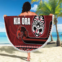 New Zealand Culture Beach Blanket Kia Ora Aotearoa Moko Tattoo Mask with Waka and Maori Art Pattern