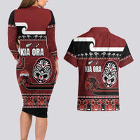 New Zealand Culture Couples Matching Long Sleeve Bodycon Dress and Hawaiian Shirt Kia Ora Aotearoa Moko Tattoo Mask with Waka and Maori Art Pattern