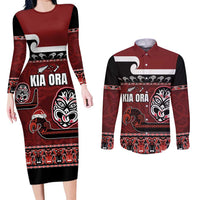 New Zealand Culture Couples Matching Long Sleeve Bodycon Dress and Long Sleeve Button Shirt Kia Ora Aotearoa Moko Tattoo Mask with Waka and Maori Art Pattern