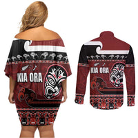 New Zealand Culture Couples Matching Off Shoulder Short Dress and Long Sleeve Button Shirt Kia Ora Aotearoa Moko Tattoo Mask with Waka and Maori Art Pattern