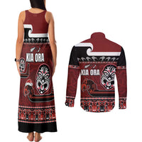 New Zealand Culture Couples Matching Tank Maxi Dress and Long Sleeve Button Shirt Kia Ora Aotearoa Moko Tattoo Mask with Waka and Maori Art Pattern