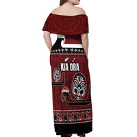 New Zealand Culture Off Shoulder Maxi Dress Kia Ora Aotearoa Moko Tattoo Mask with Waka and Maori Art Pattern