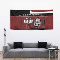New Zealand Culture Tapestry Kia Ora Aotearoa Moko Tattoo Mask with Waka and Maori Art Pattern