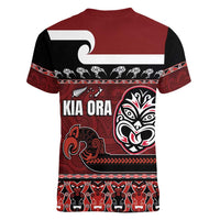 New Zealand Culture Women V-Neck T-Shirt Kia Ora Aotearoa Moko Tattoo Mask with Waka and Maori Art Pattern