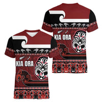 New Zealand Culture Women V-Neck T-Shirt Kia Ora Aotearoa Moko Tattoo Mask with Waka and Maori Art Pattern