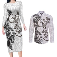 New Zealand Gecko Maori Art Tattoo Couples Matching Long Sleeve Bodycon Dress and Long Sleeve Button Shirt White Color