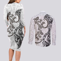 New Zealand Gecko Maori Art Tattoo Couples Matching Long Sleeve Bodycon Dress and Long Sleeve Button Shirt White Color