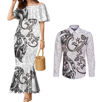 New Zealand Gecko Maori Art Tattoo Couples Matching Mermaid Dress and Long Sleeve Button Shirt White Color