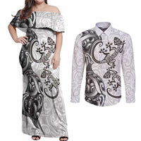 New Zealand Gecko Maori Art Tattoo Couples Matching Off Shoulder Maxi Dress and Long Sleeve Button Shirt White Color