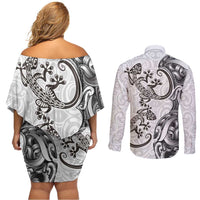 New Zealand Gecko Maori Art Tattoo Couples Matching Off Shoulder Short Dress and Long Sleeve Button Shirt White Color