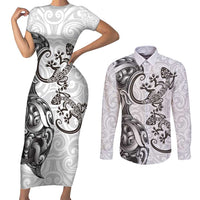 New Zealand Gecko Maori Art Tattoo Couples Matching Short Sleeve Bodycon Dress and Long Sleeve Button Shirt White Color