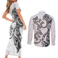 New Zealand Gecko Maori Art Tattoo Couples Matching Short Sleeve Bodycon Dress and Long Sleeve Button Shirt White Color