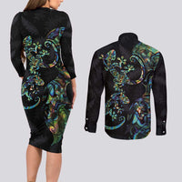 New Zealand Gecko Maori Art Tattoo Couples Matching Long Sleeve Bodycon Dress and Long Sleeve Button Shirt Silver Fern and Paua Shell Mode