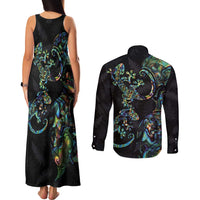 New Zealand Gecko Maori Art Tattoo Couples Matching Tank Maxi Dress and Long Sleeve Button Shirt Silver Fern and Paua Shell Mode