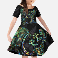 New Zealand Gecko Maori Art Tattoo Family Matching Tank Maxi Dress and Hawaiian Shirt Silver Fern and Paua Shell Mode LT03 Daughter's Dress Black - Polynesian Pride
