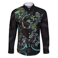 New Zealand Gecko Maori Art Tattoo Family Matching Tank Maxi Dress and Hawaiian Shirt Silver Fern and Paua Shell Mode LT03 Dad's Shirt - Long Sleeve Black - Polynesian Pride