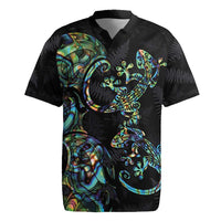New Zealand Gecko Maori Art Tattoo Rugby Jersey Silver Fern and Paua Shell Mode