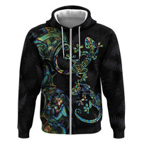 New Zealand Gecko Maori Art Tattoo Zip Hoodie Silver Fern and Paua Shell Mode LT03 Zip Hoodie Black - Polynesian Pride