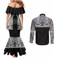 Samoan Traditional Art Tattoos Couples Matching Mermaid Dress and Long Sleeve Button Shirt Tatau Tribal Motifs with Ula Fala Black - Polynesian Pride
